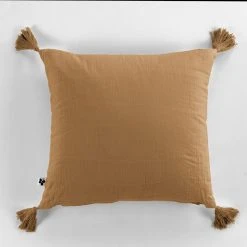 L'effet Papillon Coussin Camel Avec Pompons En Gaze De Coton 40x40cm - Gaïa -HARMONY Shop 643053 FRN03 WEB