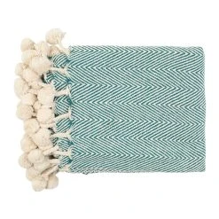 SEMA DESIGN Jeté Avec Pompon Coton Emeraude, Blanc En Coton