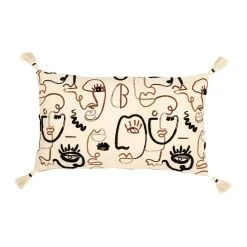 SEMA DESIGN Housse De Coussin Rectangulaire Visage Brodée écru, Brun Et Noir 50x30cm - Terre Brulée